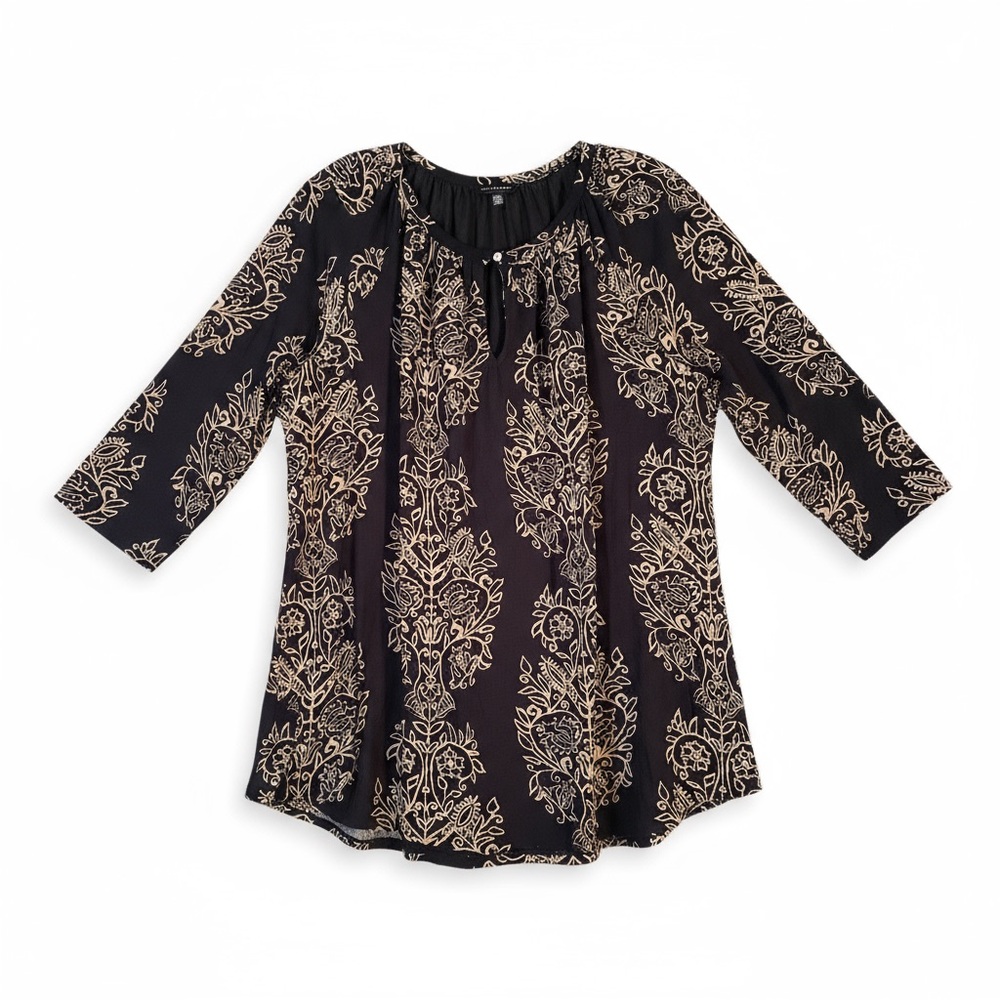 Lucky Brand Black and  Matte Gold Block Print Pattern Peasant Blouse 1X